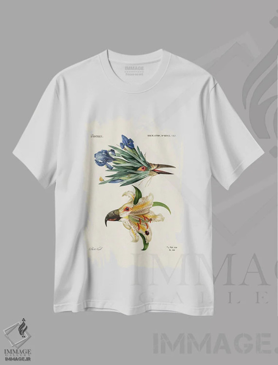تیشرت سفید طرح دار گل پرنده ای، تزئینی اثر بتو وال | immage.ir