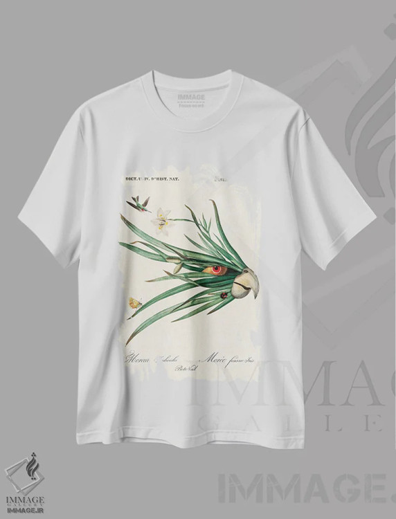 تیشرت سفید طرح دار طوطی برگ، دکوراسیون جایگزین اثر بتو وال | فروشگاه ایماژ