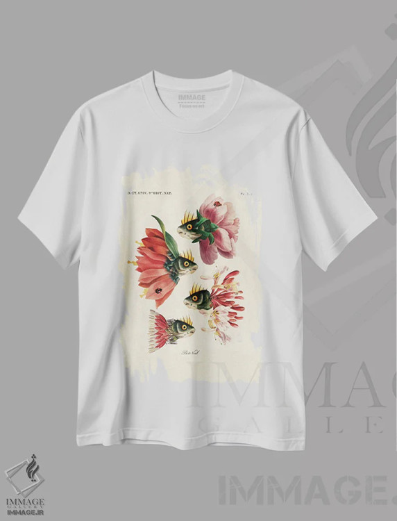 تیشرت سفید طرح دار ماهی های صورتی، تزئینی اثر بتو وال | فروشگاه ایماژ