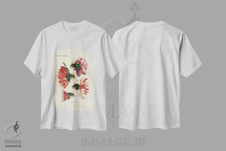 تیشرت سفید طرح دار ماهی های صورتی، تزئینی اثر بتو وال | فروشگاه ایماژ