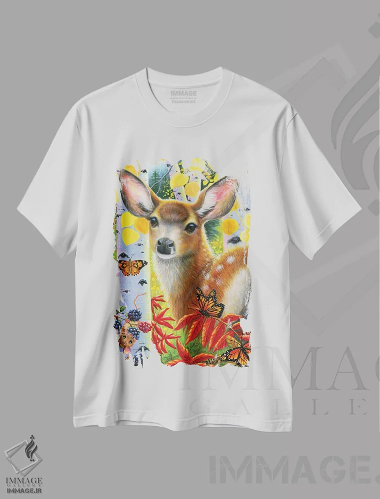 تیشرت سفید طرح دار پاییز گوزن کوچولو، هنر دیجیتال اثر بریجت واث | فروشگاه ایماژ