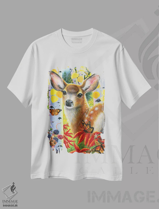 تیشرت سفید طرح دار پاییز گوزن کوچولو، هنر دیجیتال اثر بریجت واث | فروشگاه ایماژ