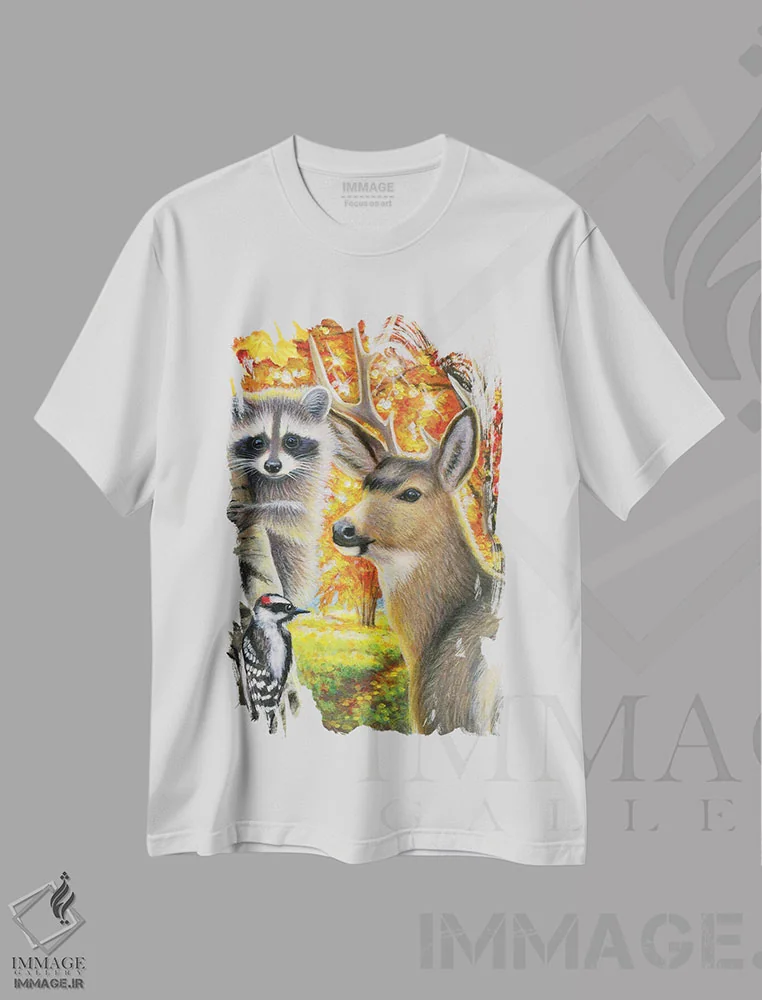 تیشرت سفید طرح دار پاییز در جنگل، مدیوم اثر بریجت واث | فروشگاه ایماژ