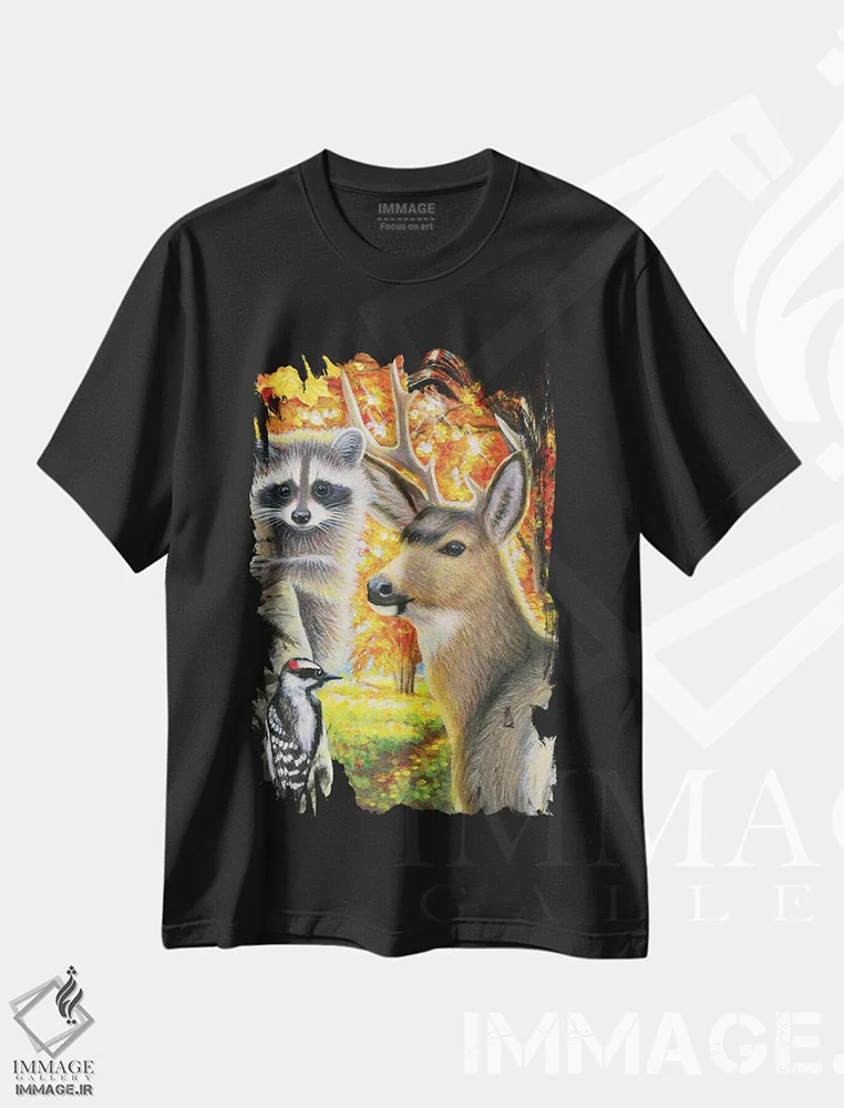 تیشرت مشکی طرح دار پاییز در جنگل، مدیوم اثر بریجت واث | immage.ir