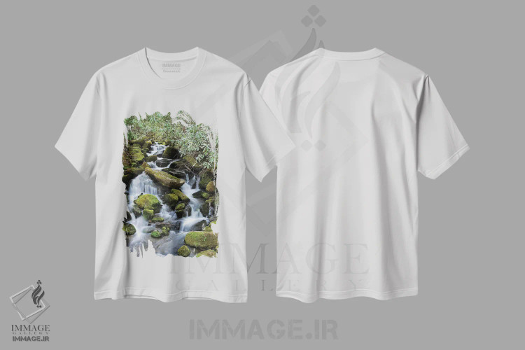 تیشرت سفید طرح دار آبشار کوهستان دودی، مدیوم اثر برایان ولف | immage.ir