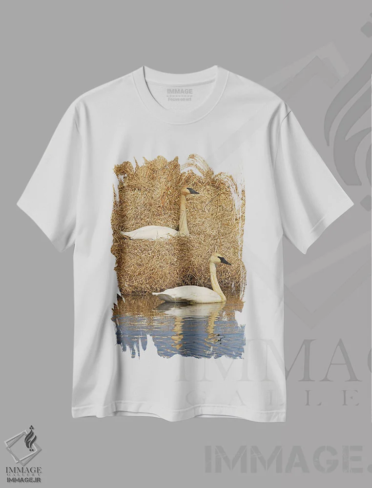 تیشرت سفید طرح دار جفت قو شیپورزن، مدیوم اثر برایان ولف | immage.ir