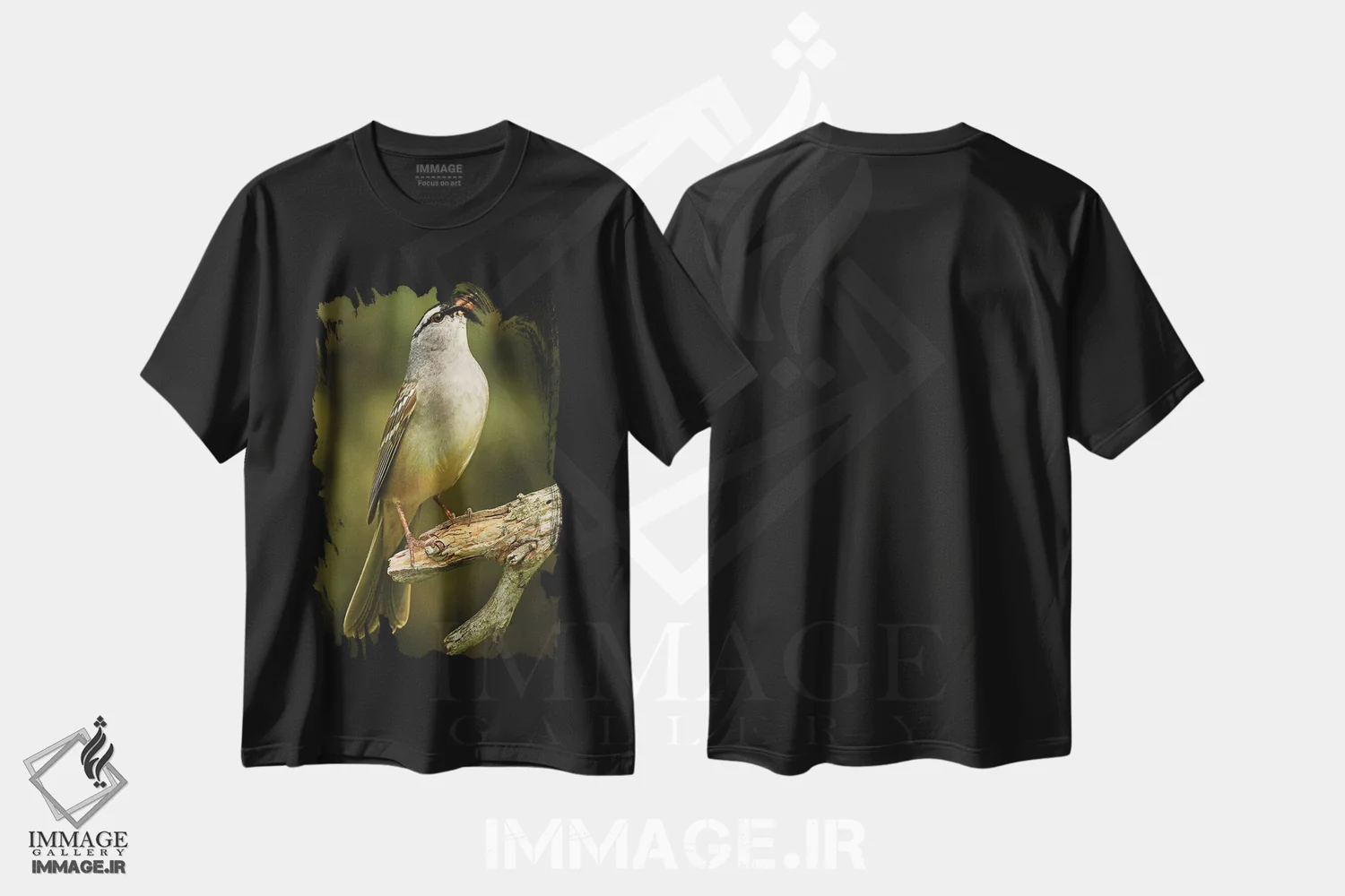 تیشرت مشکی طرح دار گنجشک تاج سفید، مدیوم اثر برایان ولف | immage.ir