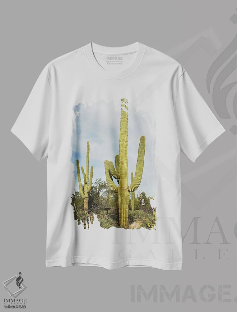 تیشرت سفید طرح دار کاکتوس ساگوارو، مدیوم اثر برایان ولف | فروشگاه ایماژ