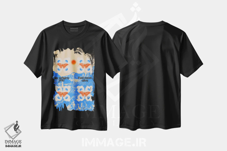 تیشرت مشکی طرح دار احساس زنده بودن کن، تزئینی اثر بست ورلد اثر سیرا کیلن | فروشگاه ایماژ