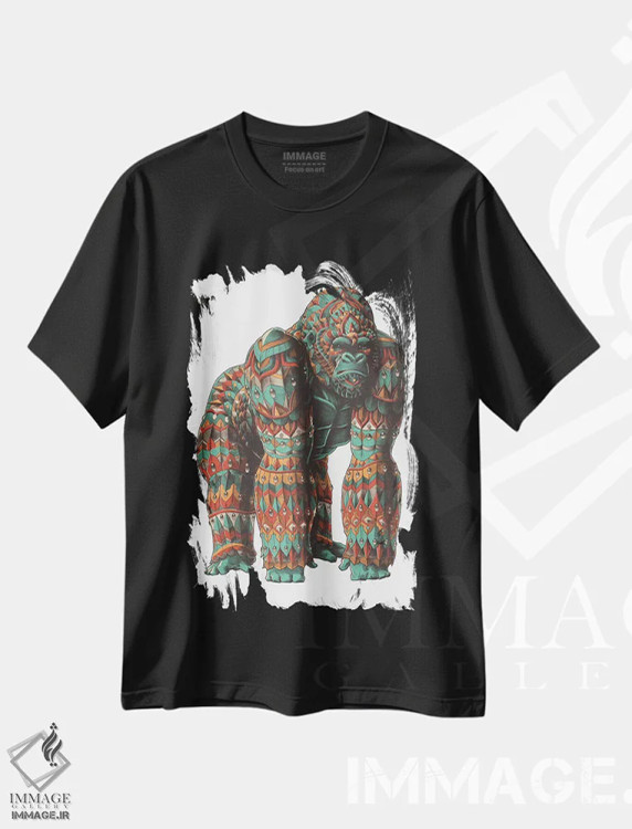تیشرت مشکی طرح دار گوریل نر نقره پشت رنگی شماره ۱، دست نقاشی و طراحی دستی اثر بیوورکز | فروشگاه ایماژ