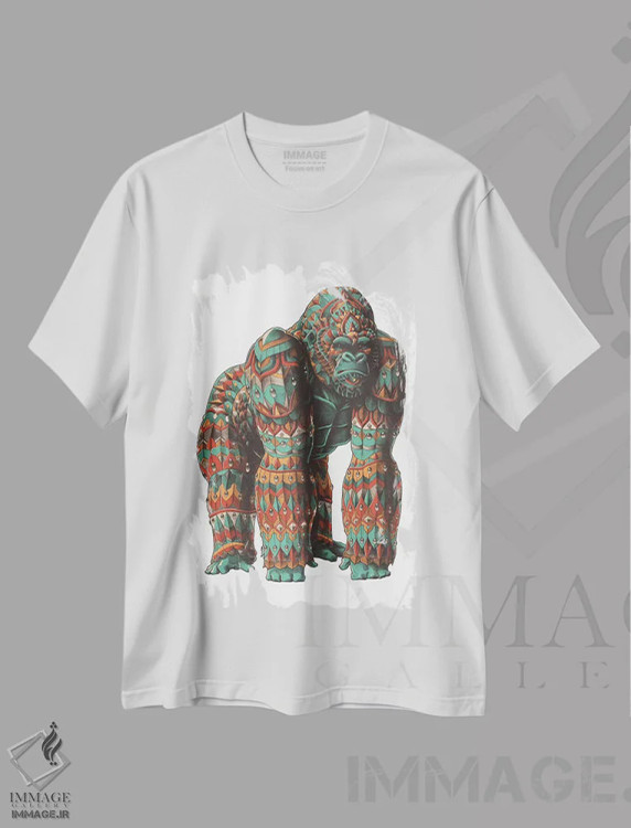 تیشرت سفید طرح دار گوریل نر نقره پشت رنگی شماره ۱، دست نقاشی و طراحی دستی اثر بیوورکز | immage.ir