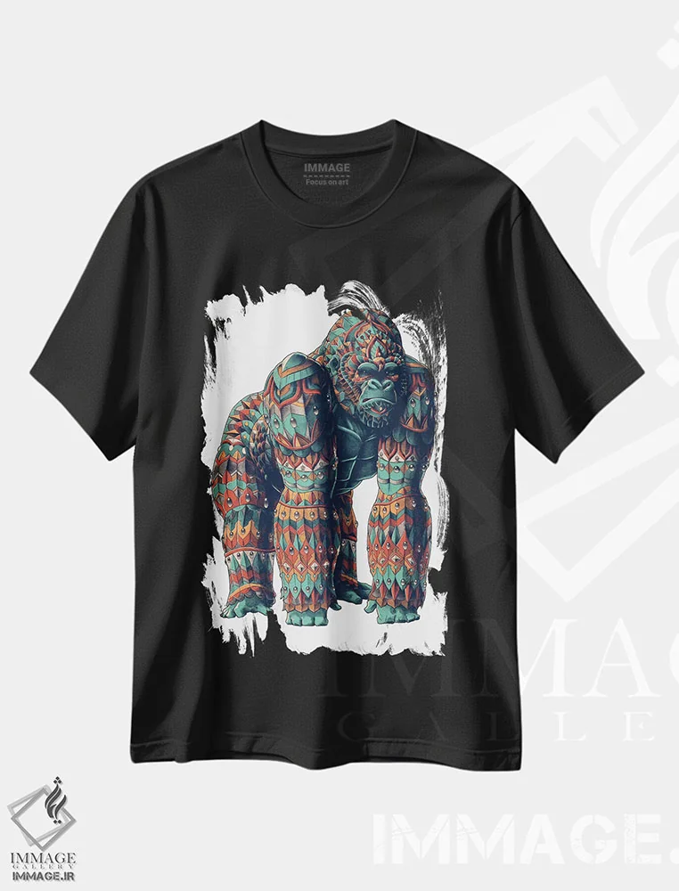 تیشرت مشکی طرح دار گوریل نر نقره پشت رنگی شماره ۲، دست نقاشی و طراحی دستی اثر بیوورکز | immage.ir