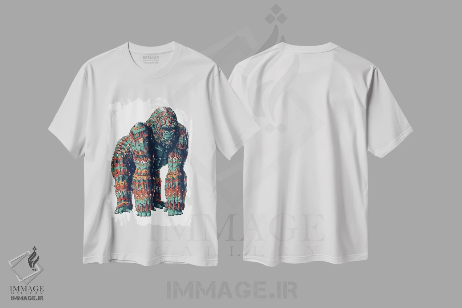 تیشرت سفید طرح دار گوریل نر نقره پشت رنگی شماره ۲، دست نقاشی و طراحی دستی اثر بیوورکز | فروشگاه ایماژ