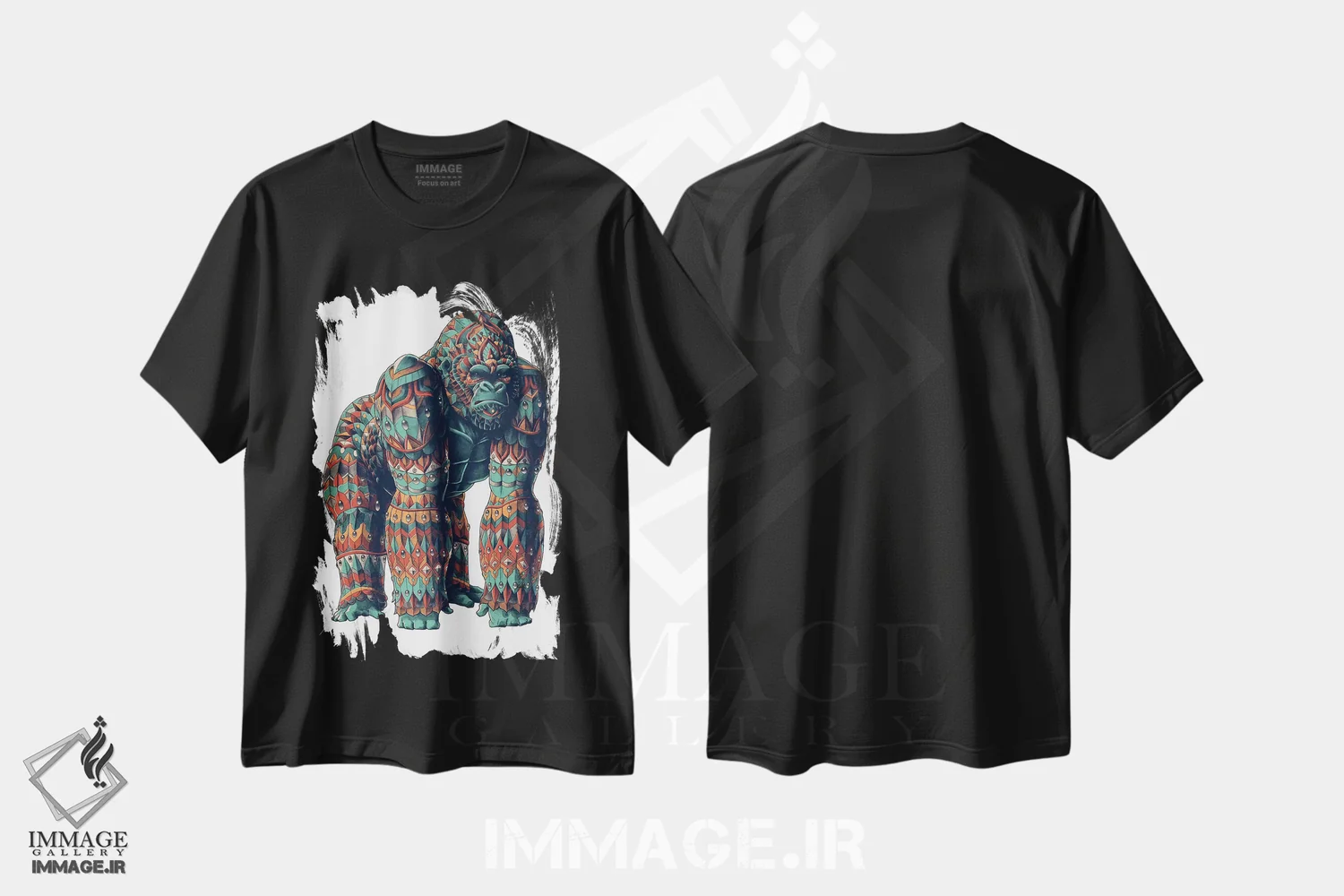 تیشرت مشکی طرح دار گوریل نر نقره پشت رنگی شماره ۲، دست نقاشی و طراحی دستی اثر بیوورکز | immage.ir