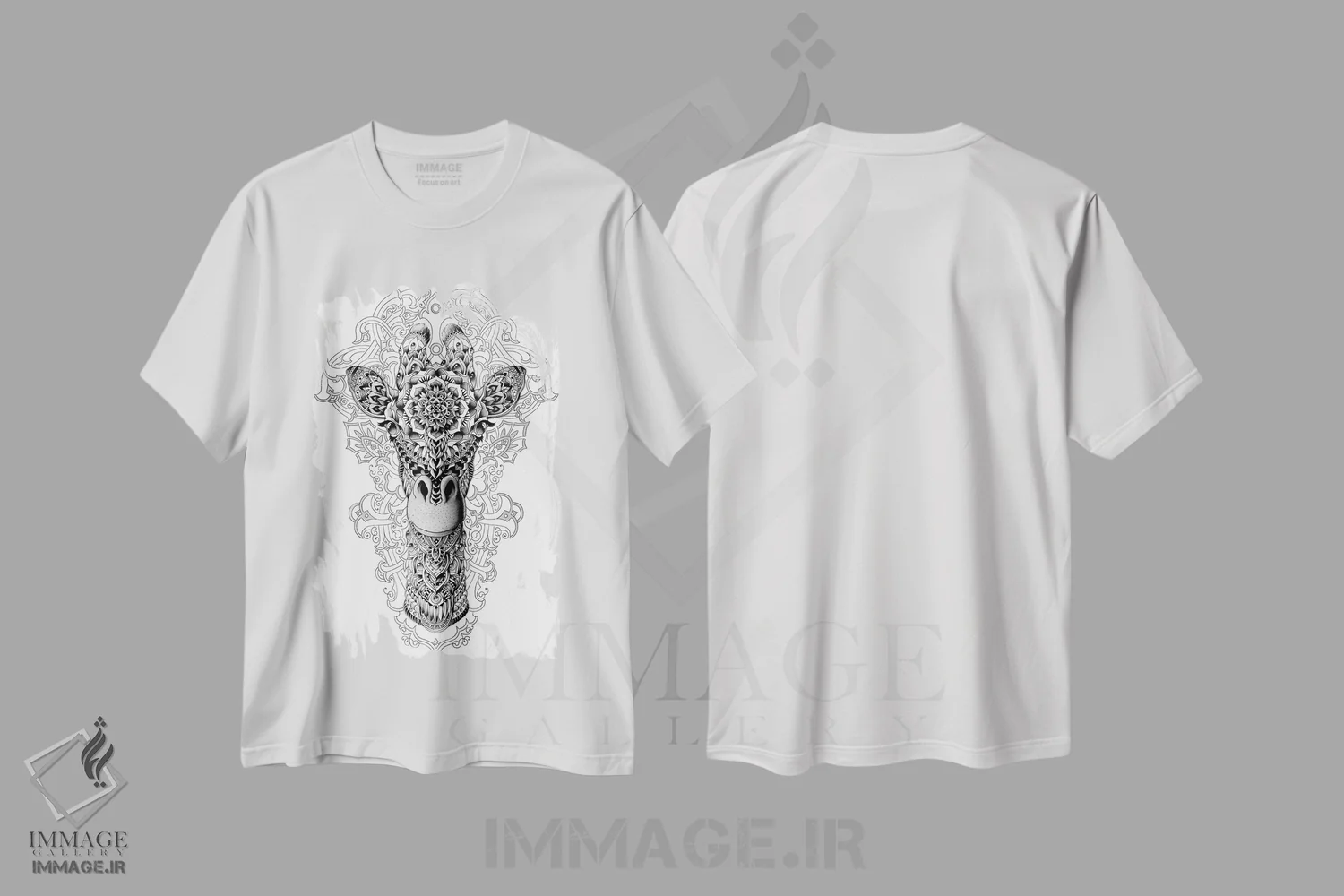 تیشرت سفید طرح دار زرافه، نقاشی و تصویرگری سیاه و سفید اثر بیوورکز | immage.ir