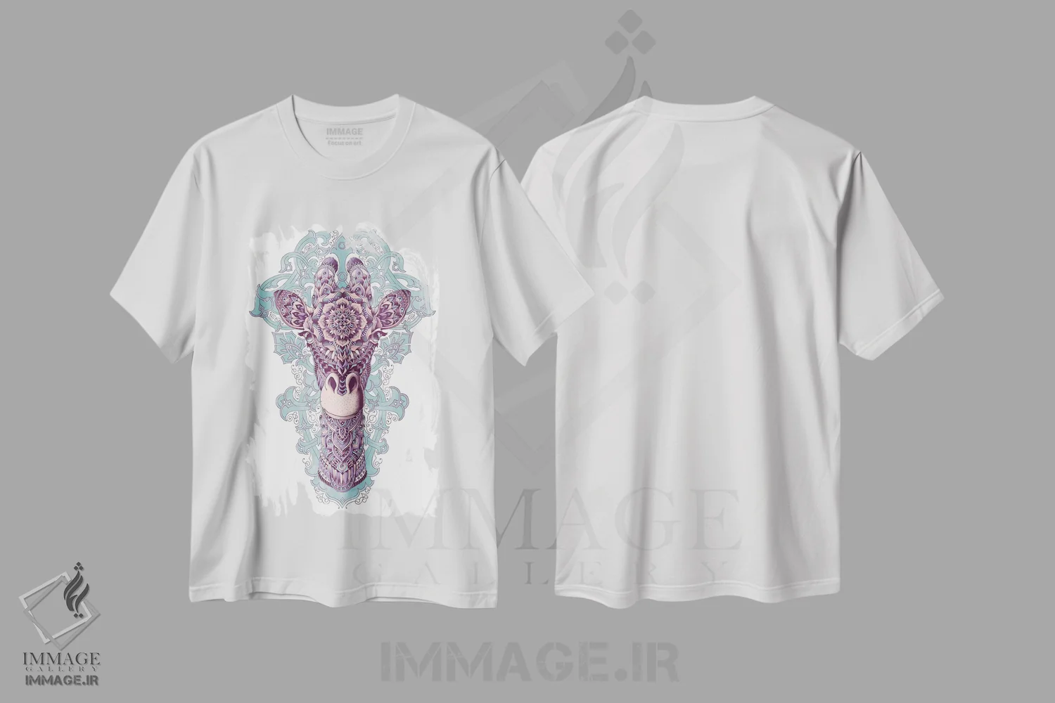 تیشرت سفید طرح دار زرافه رنگی، دست نقاشی و طراحی دستی اثر بیوورکز | فروشگاه ایماژ
