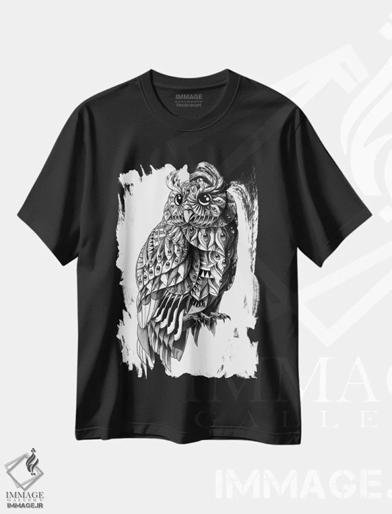 تیشرت مشکی طرح دار جغد تزیینی، نقاشی و تصویرگری سیاه و سفید اثر بیوورکز | فروشگاه ایماژ