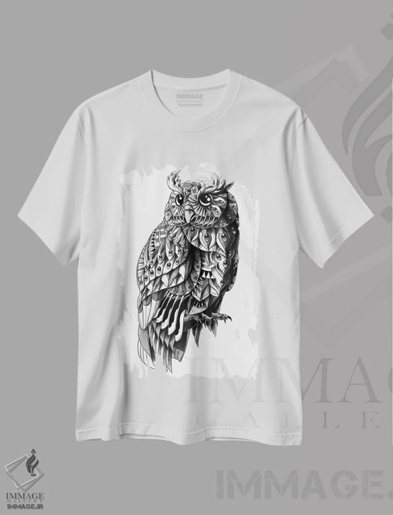 تیشرت سفید طرح دار جغد تزیینی، نقاشی و تصویرگری سیاه و سفید اثر بیوورکز | immage.ir