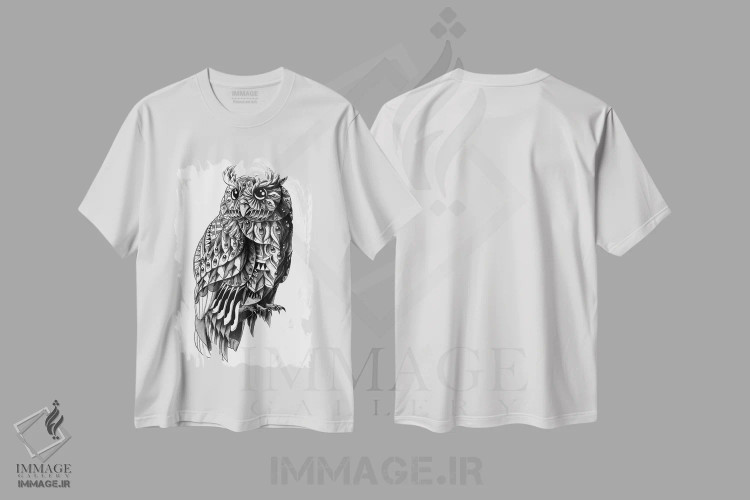 تیشرت سفید طرح دار جغد تزیینی، نقاشی و تصویرگری سیاه و سفید اثر بیوورکز | immage.ir