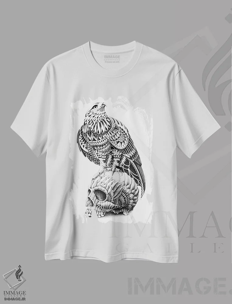 تیشرت سفید طرح دار جمجمه با دم قرمز، نقاشی و تصویرگری سیاه و سفید اثر بیوورکز | immage.ir