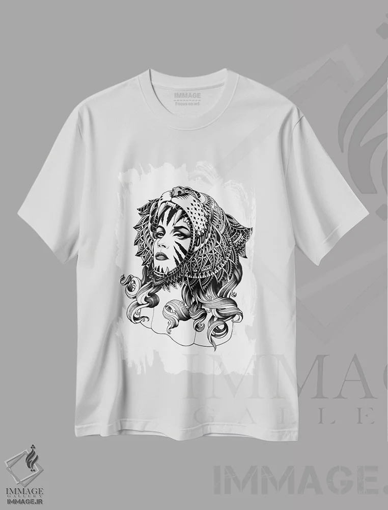 تیشرت سفید طرح دار ببر ماده، نقاشی و تصویرگری سیاه و سفید اثر بیوورکز | فروشگاه ایماژ