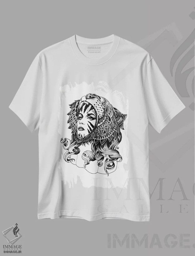 تیشرت سفید طرح دار ببر ماده، نقاشی و تصویرگری سیاه و سفید اثر بیوورکز | فروشگاه ایماژ