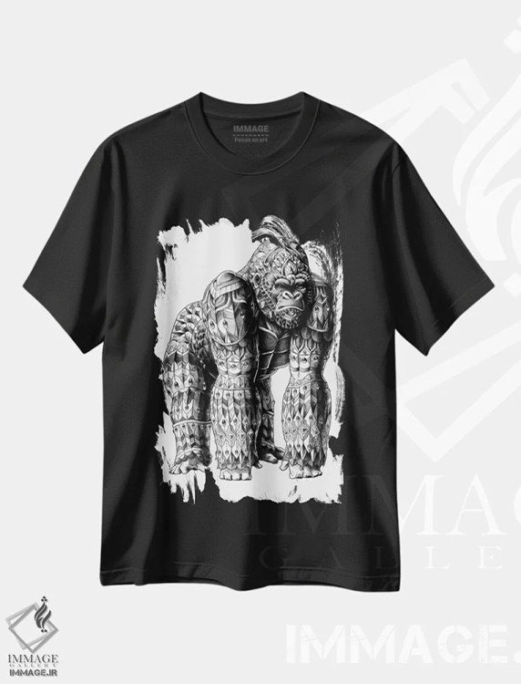 تیشرت مشکی طرح دار گوریل نر نقره پشت، نقاشی و تصویرگری سیاه و سفید اثر بیوورکز | فروشگاه ایماژ