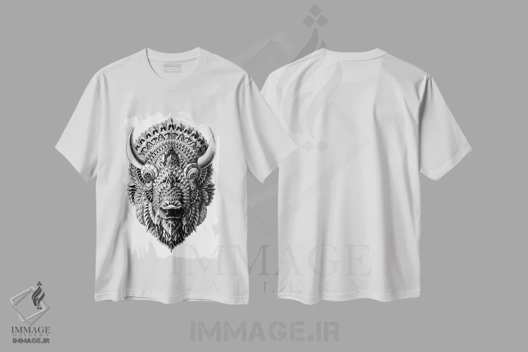 تیشرت سفید طرح دار گاومیش آمریکایی، هنر تزئینی سیاه و سفید اثر بیوورکز | فروشگاه ایماژ