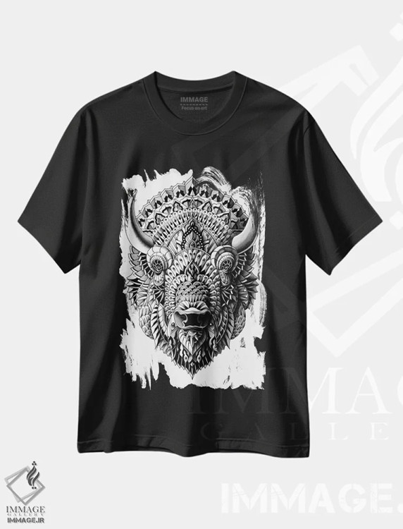 تیشرت مشکی طرح دار گاومیش آمریکایی، هنر تزئینی سیاه و سفید اثر بیوورکز | immage.ir