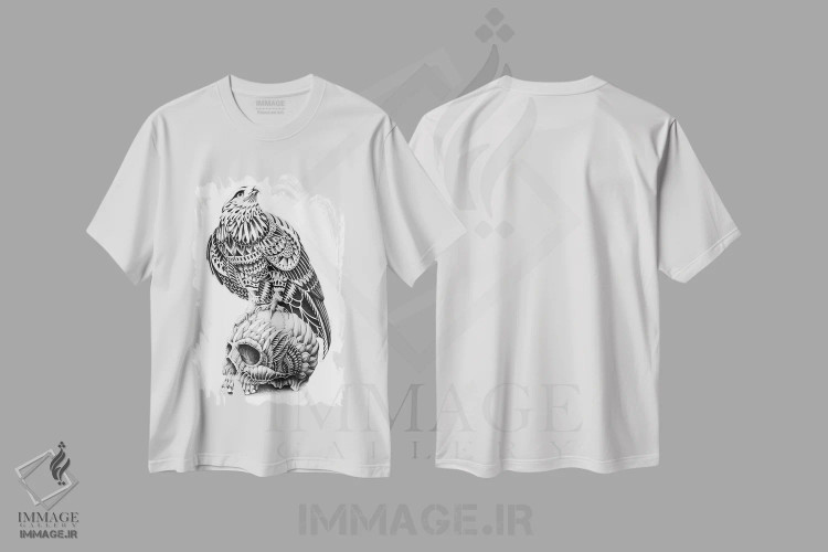تیشرت سفید طرح دار جمجمه با دم قرمز، نقاشی و تصویرگری سیاه و سفید اثر بیوورکز | immage.ir