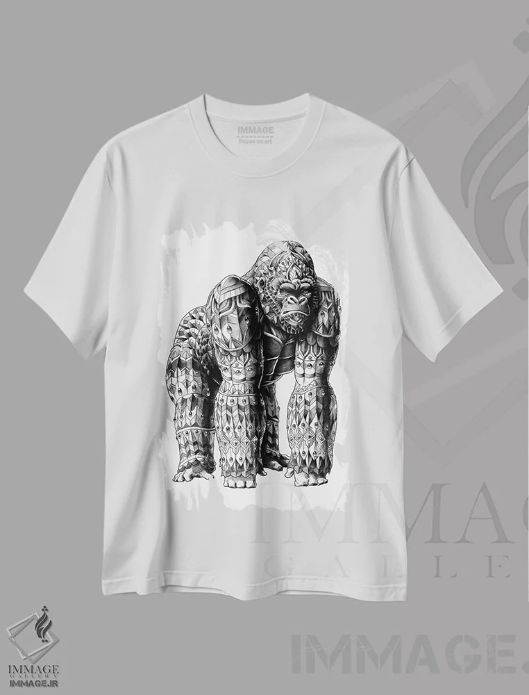 تیشرت سفید طرح دار گوریل نر نقره پشت، نقاشی و تصویرگری سیاه و سفید اثر بیوورکز | immage.ir