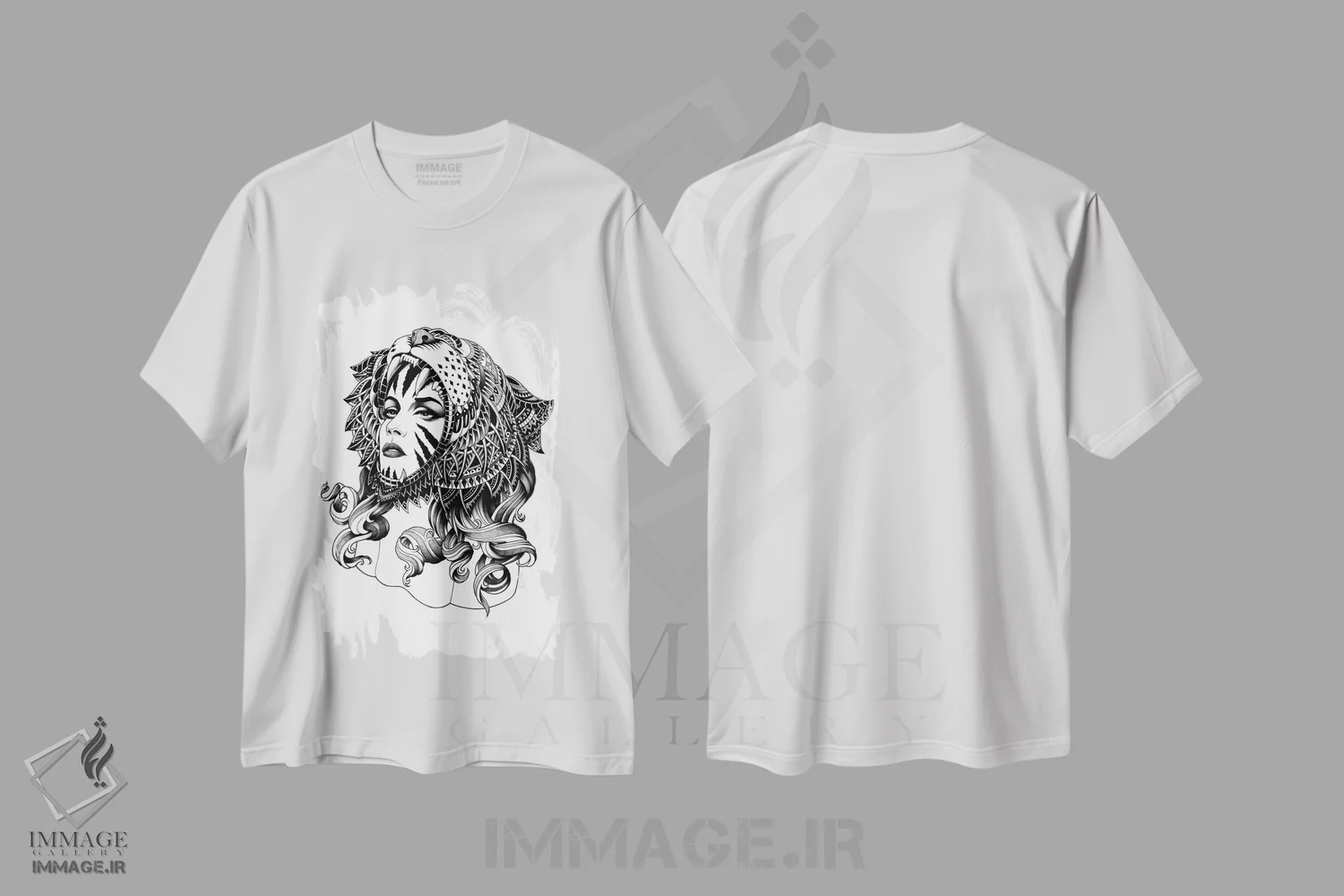 تیشرت سفید طرح دار ببر ماده، نقاشی و تصویرگری سیاه و سفید اثر بیوورکز | فروشگاه ایماژ