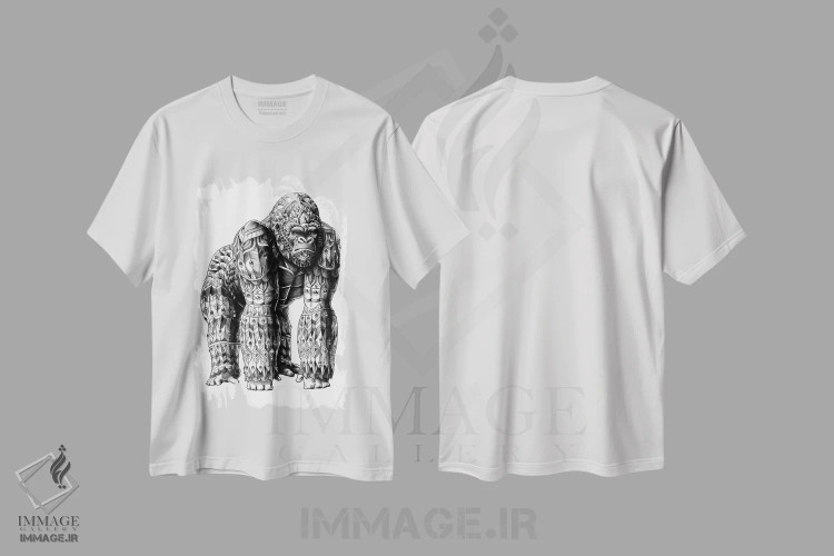 تیشرت سفید طرح دار گوریل نر نقره پشت، نقاشی و تصویرگری سیاه و سفید اثر بیوورکز | immage.ir