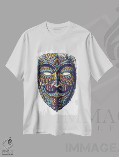 تیشرت سفید طرح دار نقاب ناشناس رنگی شماره ۳، دست نقاشی و طراحی دستی اثر بیوورکز | فروشگاه ایماژ