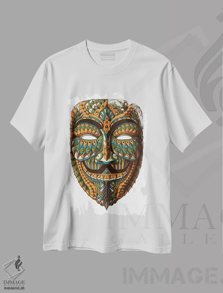 تیشرت سفید طرح دار نقاب ناشناس رنگی شماره ۲، دست نقاشی و طراحی دستی اثر بیوورکز | immage.ir