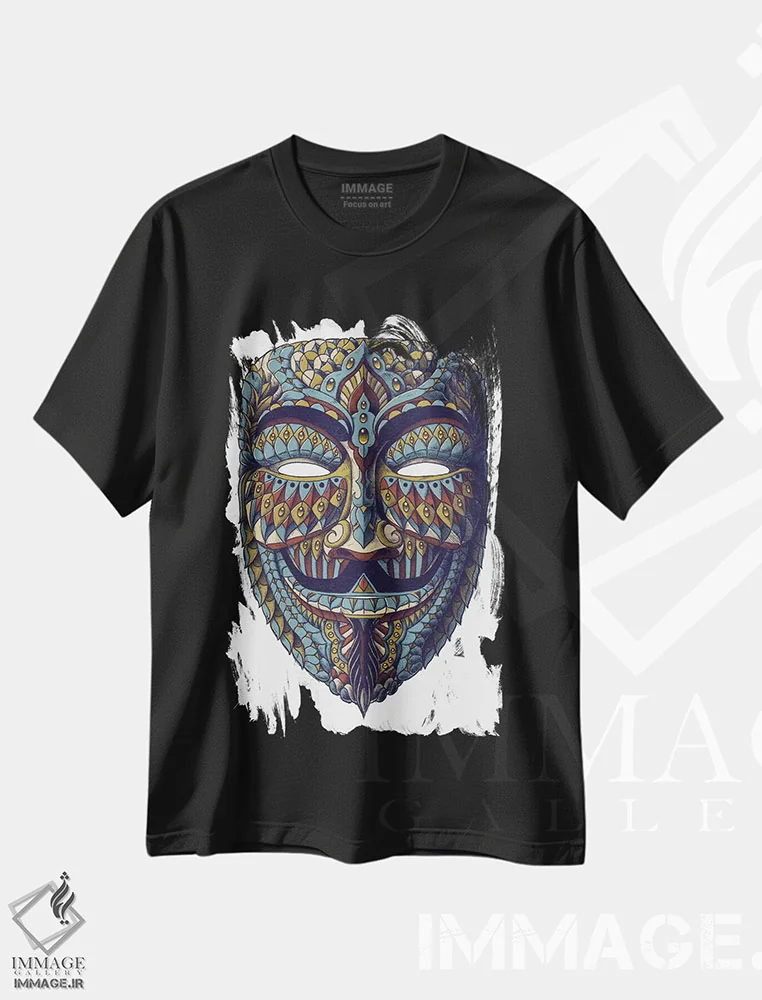 تیشرت مشکی طرح دار نقاب ناشناس رنگی شماره ۳، دست نقاشی و طراحی دستی اثر بیوورکز | immage.ir