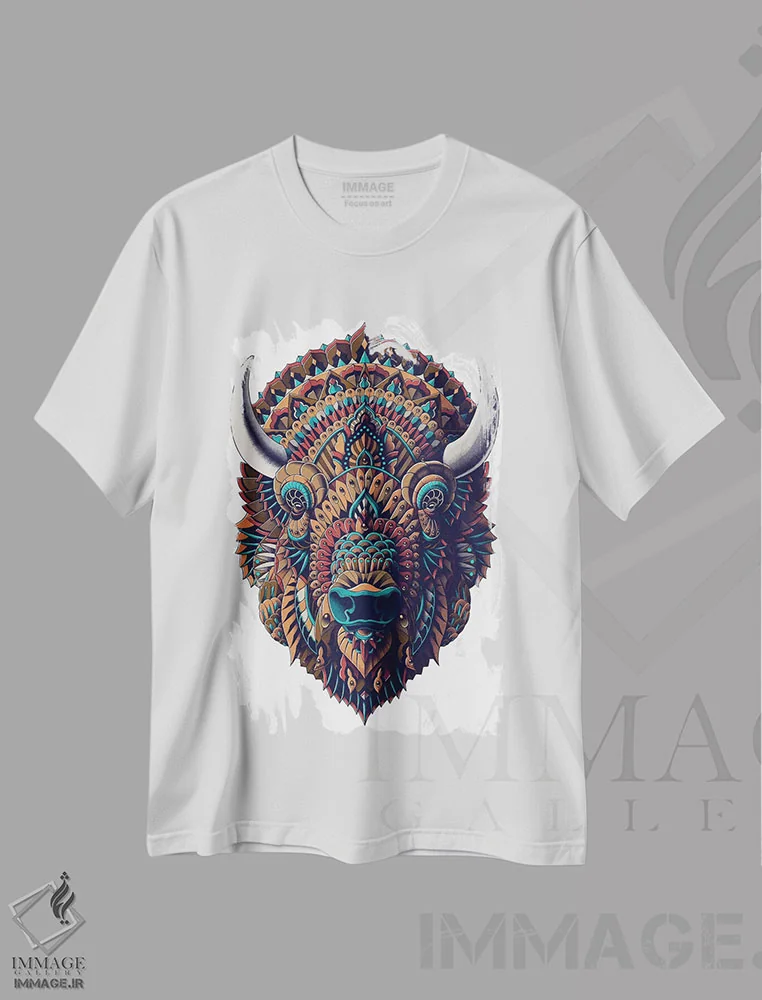 تیشرت سفید طرح دار گاومیش رنگی شماره ۱، تزئینی اثر بیوورکز | immage.ir