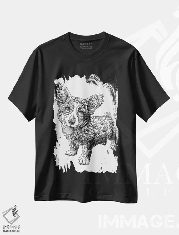 تیشرت مشکی طرح دار سگ کورگی، نقاشی و تصویرگری سیاه و سفید اثر بیوورکز | immage.ir