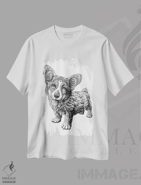 تیشرت سفید طرح دار سگ کورگی، نقاشی و تصویرگری سیاه و سفید اثر بیوورکز | فروشگاه ایماژ