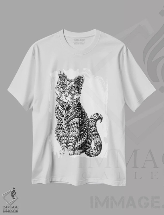 تیشرت سفید طرح دار گربه، نقاشی و تصویرگری سیاه و سفید اثر بیوورکز | فروشگاه ایماژ