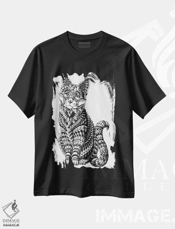 تیشرت مشکی طرح دار گربه، نقاشی و تصویرگری سیاه و سفید اثر بیوورکز | immage.ir