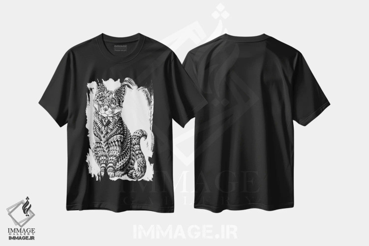 تیشرت مشکی طرح دار گربه، نقاشی و تصویرگری سیاه و سفید اثر بیوورکز | immage.ir