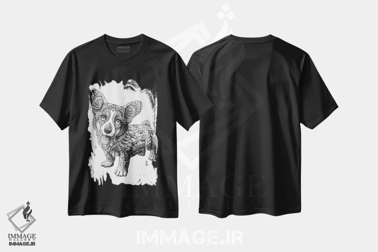 تیشرت مشکی طرح دار سگ کورگی، نقاشی و تصویرگری سیاه و سفید اثر بیوورکز | immage.ir
