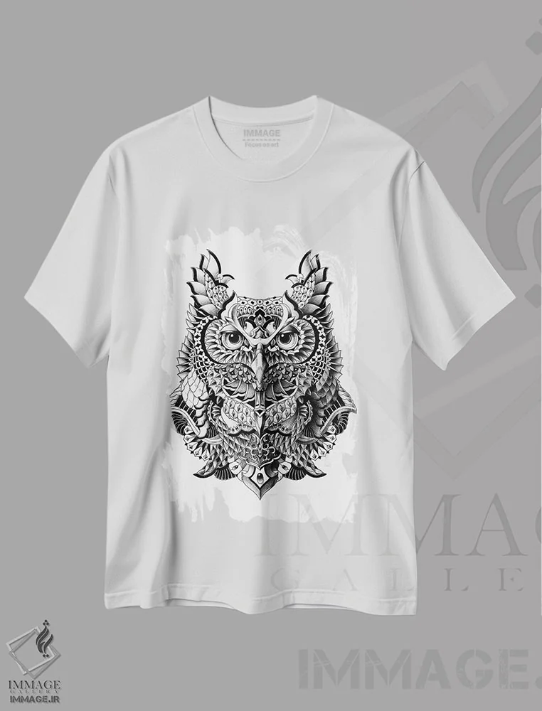 تیشرت سفید طرح دار جغد سده، نقاشی و تصویرگری سیاه و سفید اثر بیوورکز | immage.ir