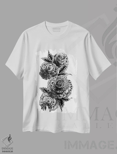 تیشرت سفید طرح دار چهار گل رز، نقاشی و تصویرگری سیاه و سفید اثر بیوورکز | فروشگاه ایماژ