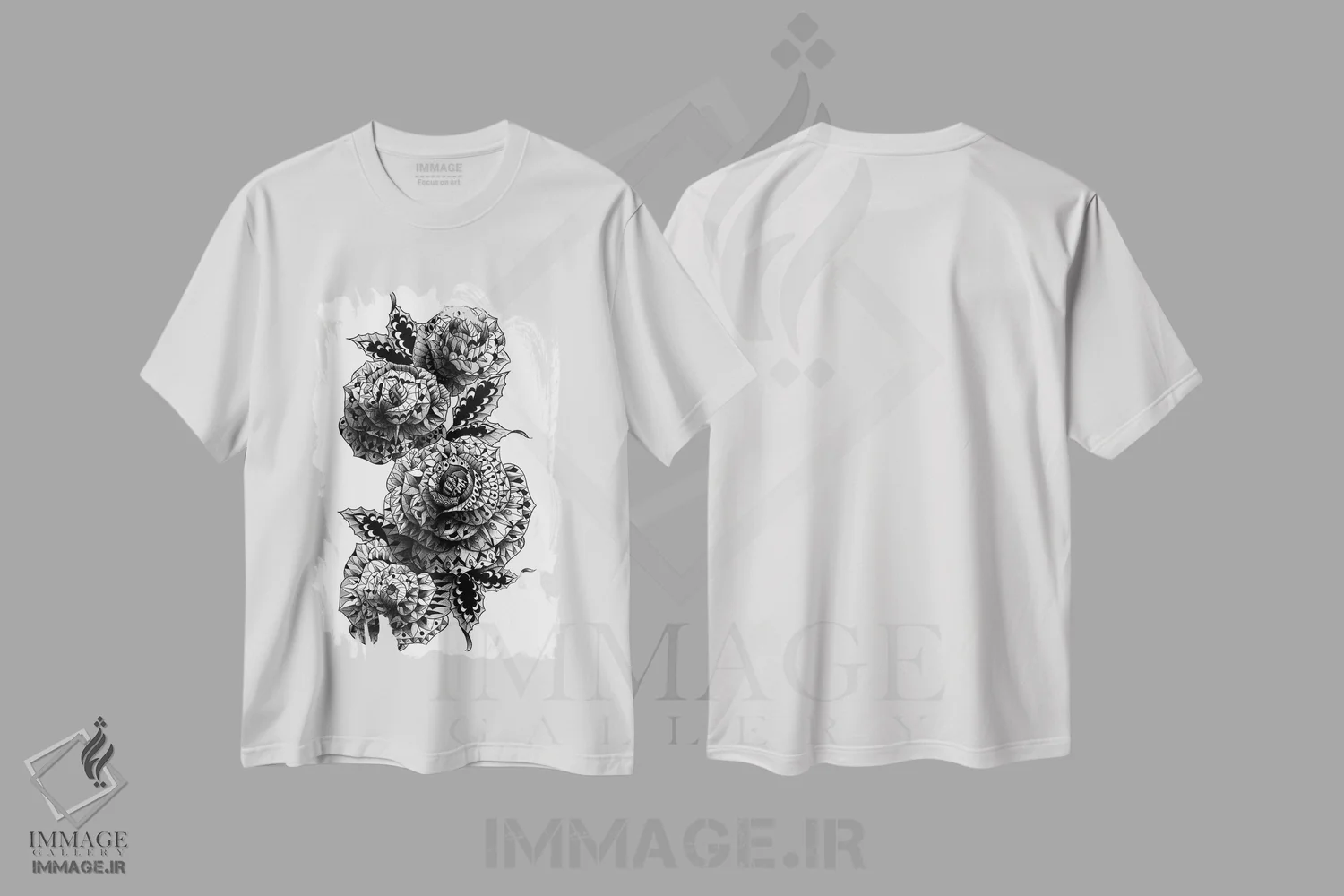 تیشرت سفید طرح دار چهار گل رز، نقاشی و تصویرگری سیاه و سفید اثر بیوورکز | فروشگاه ایماژ