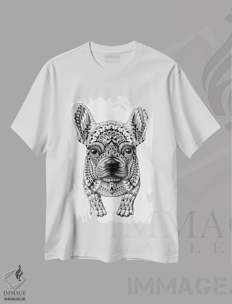 تیشرت سفید طرح دار فرنچ بولداگ، نقاشی و تصویرگری سیاه و سفید اثر بیوورکز | immage.ir