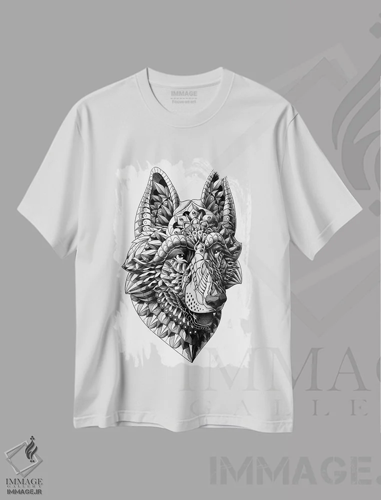 تیشرت سفید طرح دار ژرمن شپرد، نقاشی و تصویرگری سیاه و سفید اثر بیوورکز | فروشگاه ایماژ