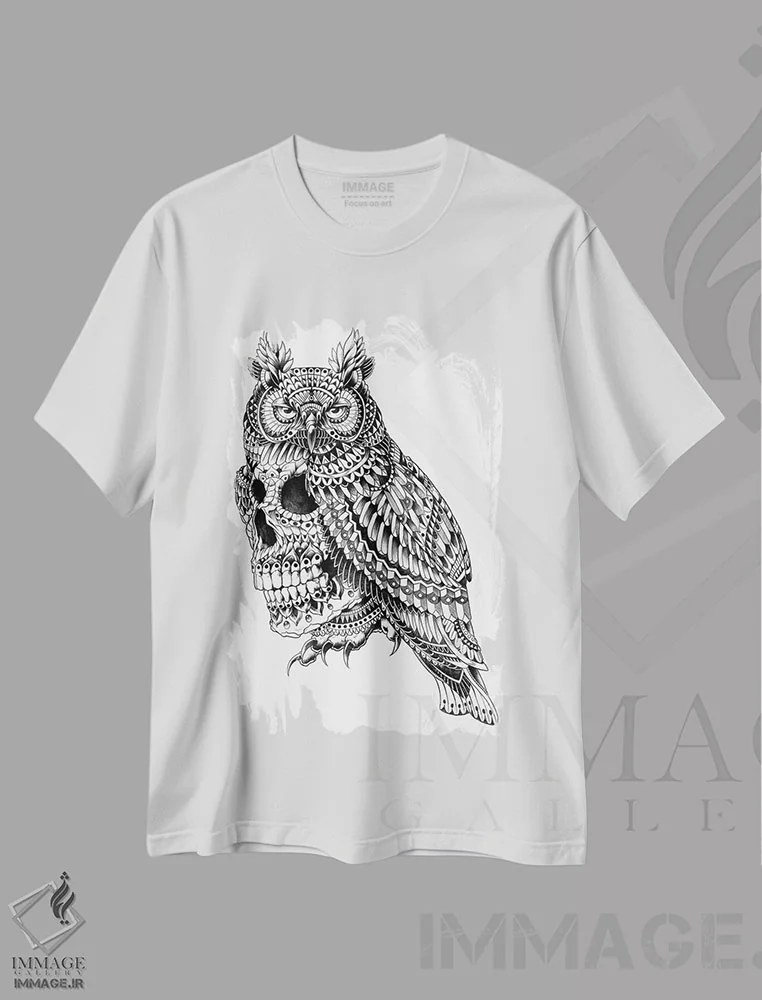 تیشرت سفید طرح دار جمجمه با شاخ بزرگ، نقاشی و تصویرگری سیاه و سفید اثر بیوورکز | فروشگاه ایماژ