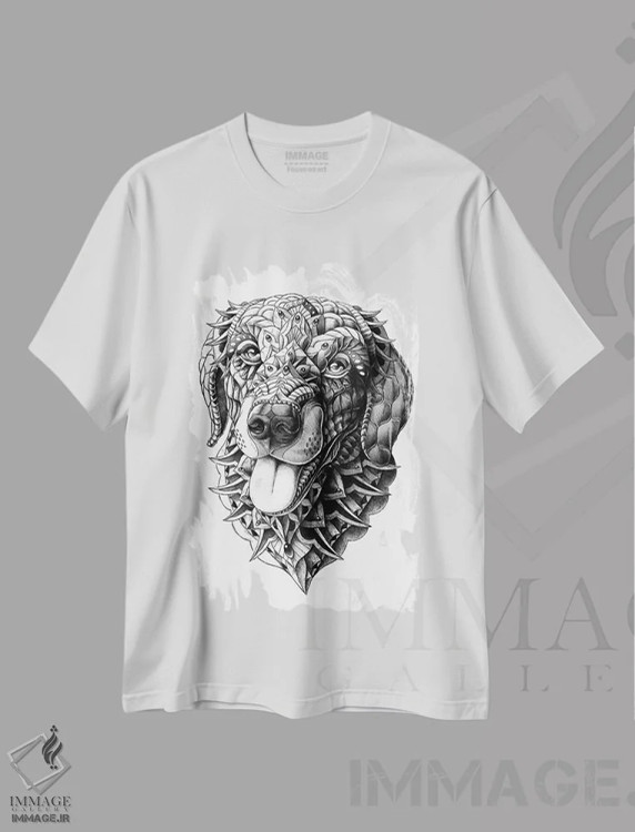 تیشرت سفید طرح دار گلدن ریتریور، نقاشی و تصویرگری سیاه و سفید اثر بیوورکز | immage.ir
